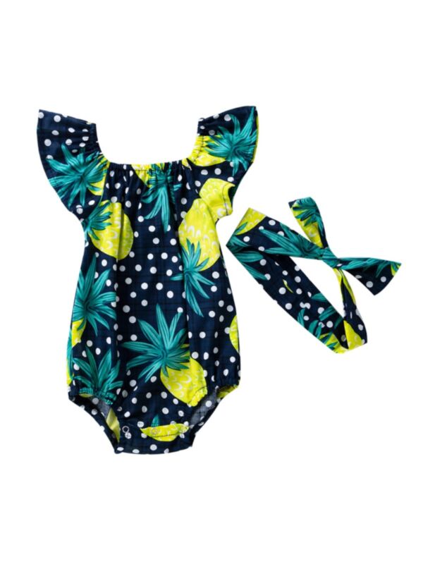 Two Pieces Baby Girl Flutter Sleeve Fruit Print Off Shoulder Bodysuit With Headband