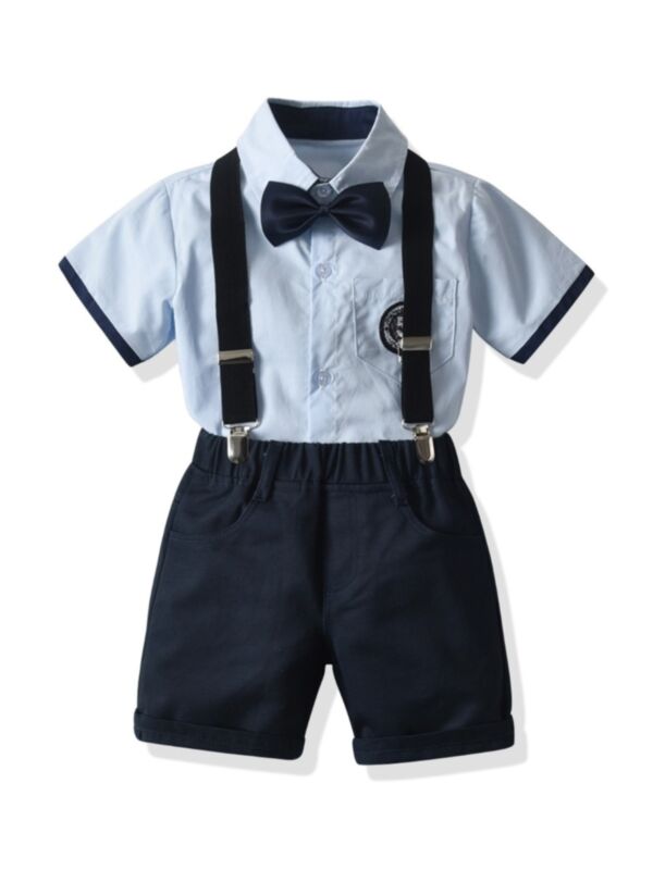 Two-piece Kid Boy Gentleman Set Hit Color Short-sleeved Bow Tie Shirt With Suspender Shorts 