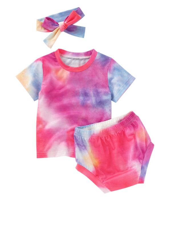 3-piece Baby Girl Tie Dye Top And Shorts And Headband Set