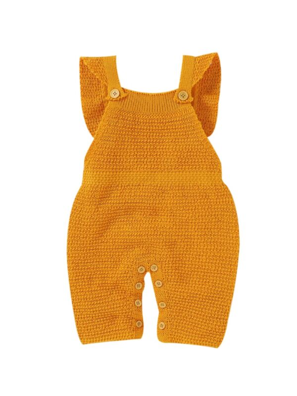 Baby Girl Knitted Button Plain Flutter Sleeve Overalls