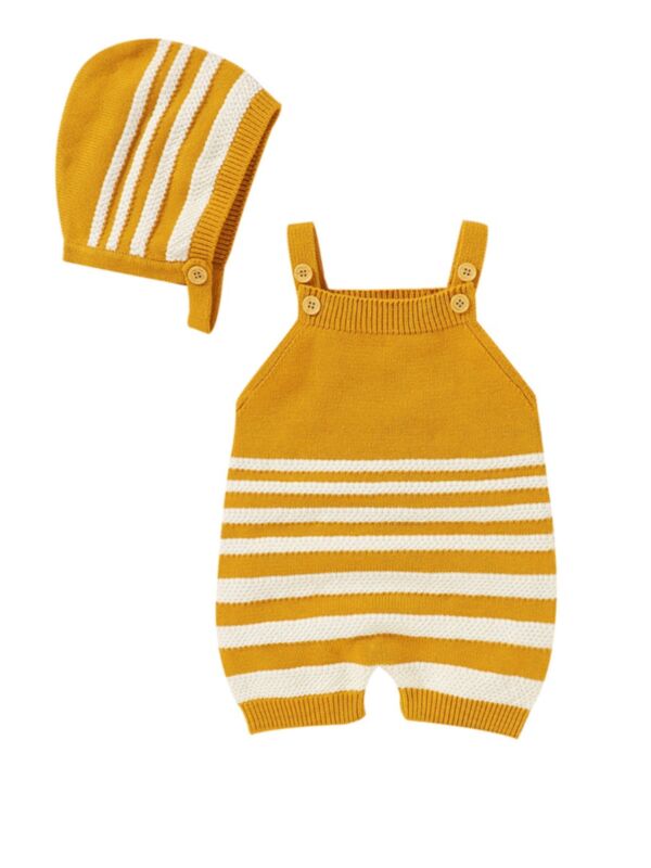 2-piece Baby Hit Color Stripe Knitted Cami Romer And Hat
