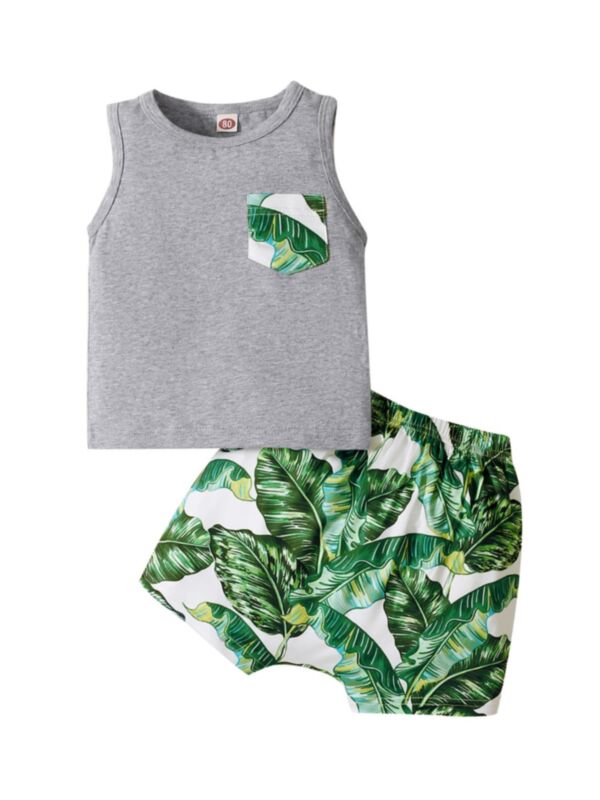 2 Pieces Baby Boy Leaves Print Set Pocket Tank Top And Shorts 