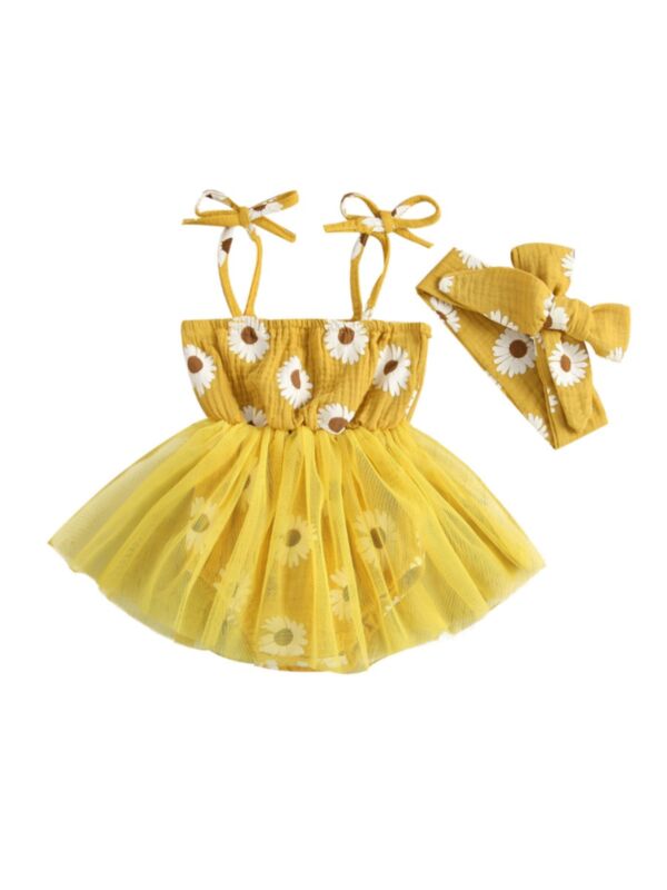 Two Pieces Baby Girl Daisy Flower Print Mesh Muslin Cami Bodysuit Dress And Headband