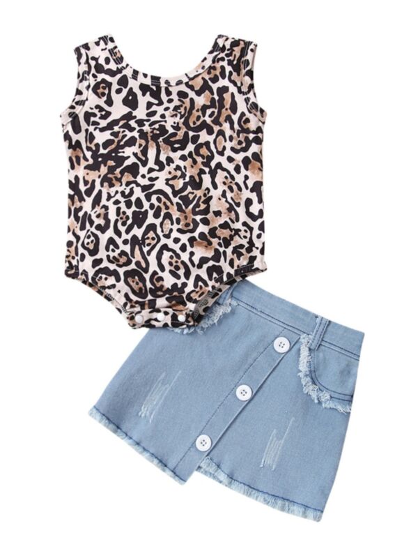 Two Pieces Baby Girl Leopard Print Tank Bodysuit And Irregular Hem Button Denim Skirt Set 