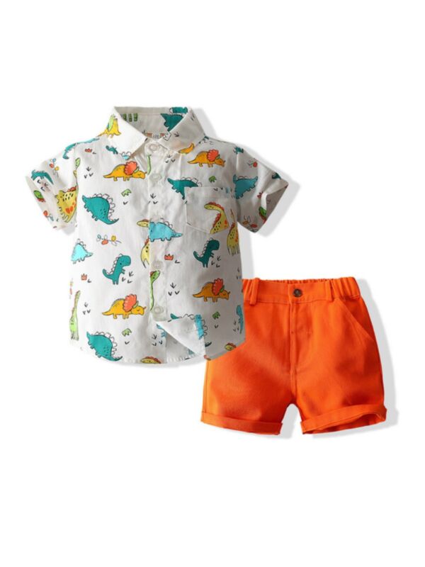 Dinosaur Print Shirt And Orange Shorts Fashionable Boys Clothes Set
