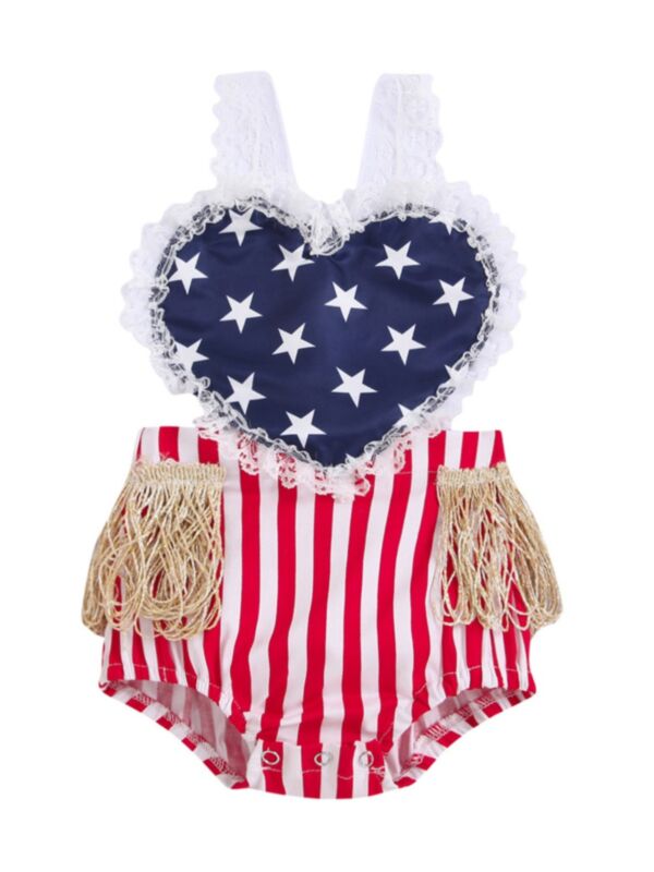 Baby Girl Independence Day Love Heart Tassels Stripe Love Heart Suspender Bodysuit