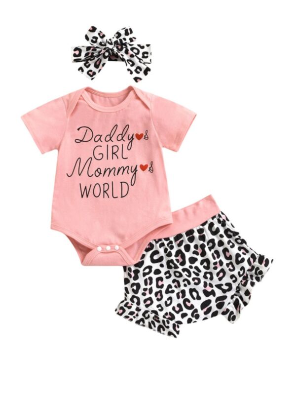 Three Pieces Baby Girl Daddy's Girl Mama's World Leopard Print Set Bodysuit Shorts Headband
