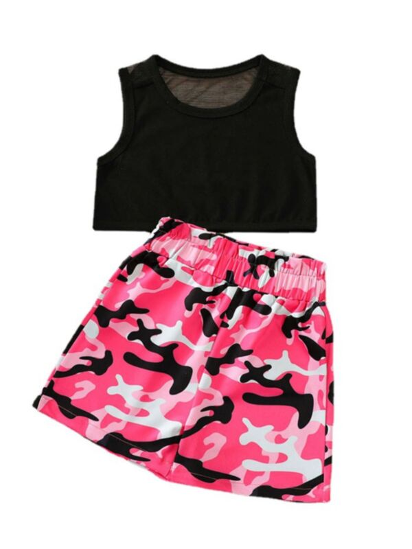 2 Pieces Kid Girl Lace Tank Top With Camo Shorts Set