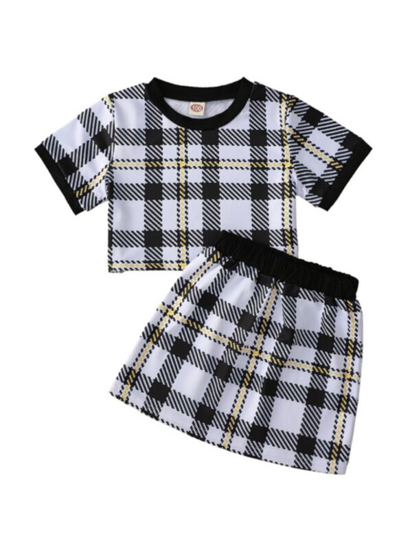 Two Pieces Baby Girl Checked Crop Crew Neck Top And Shorts Set