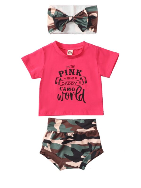 Three Pieces Baby Girl I'M THE PINK Tee And Camo Shorts With Headband Set 