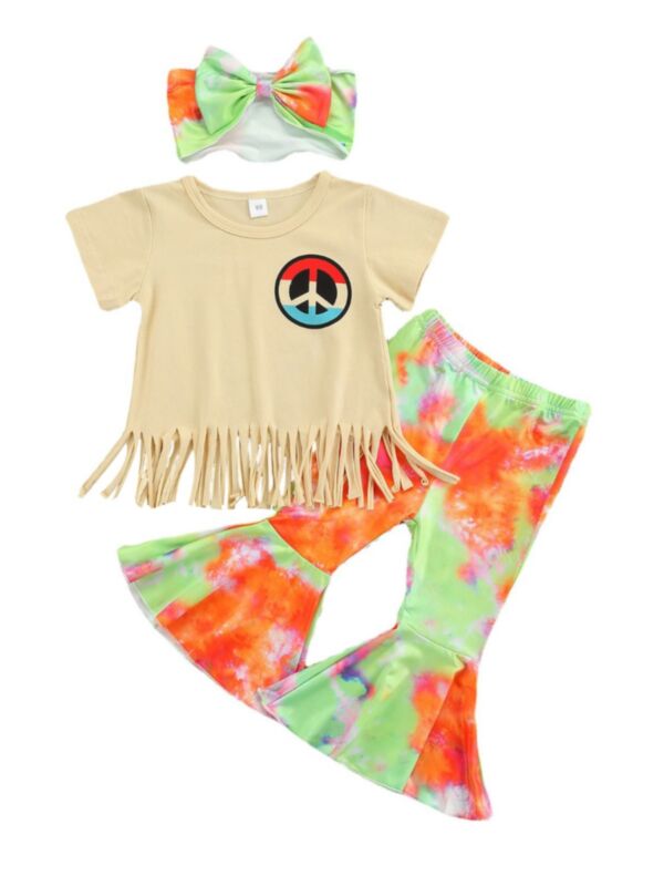 Two Pieces Kid Girl Fringed T-shirt And Tie-dye Flared Pants Set