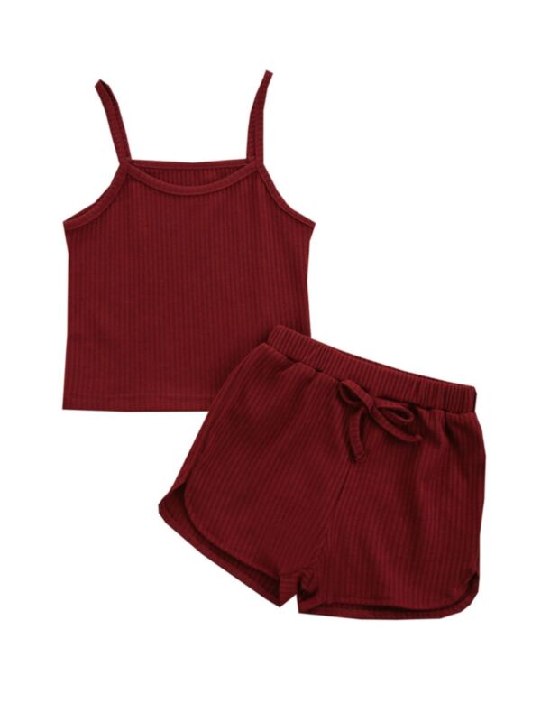 Two Pieces Kid Girl Solid Color Ribbed Cami Top With Shorts Set
Red