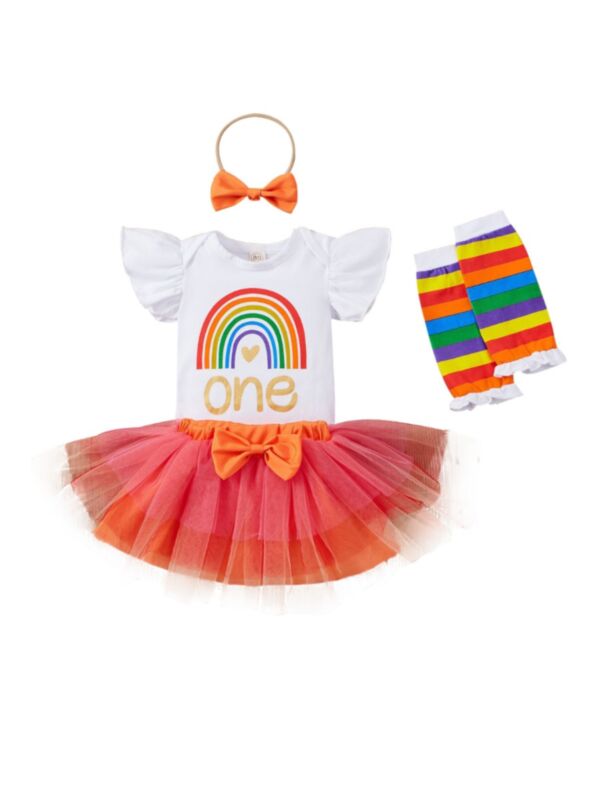 Four Pieces Baby Girl Rainbow Birthday Set Bodysuit Tutu Skirt Headband Sock 