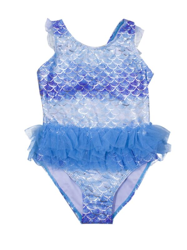 Kid Girl One Piece Fish Scale Print Mesh Tank Swimsuit