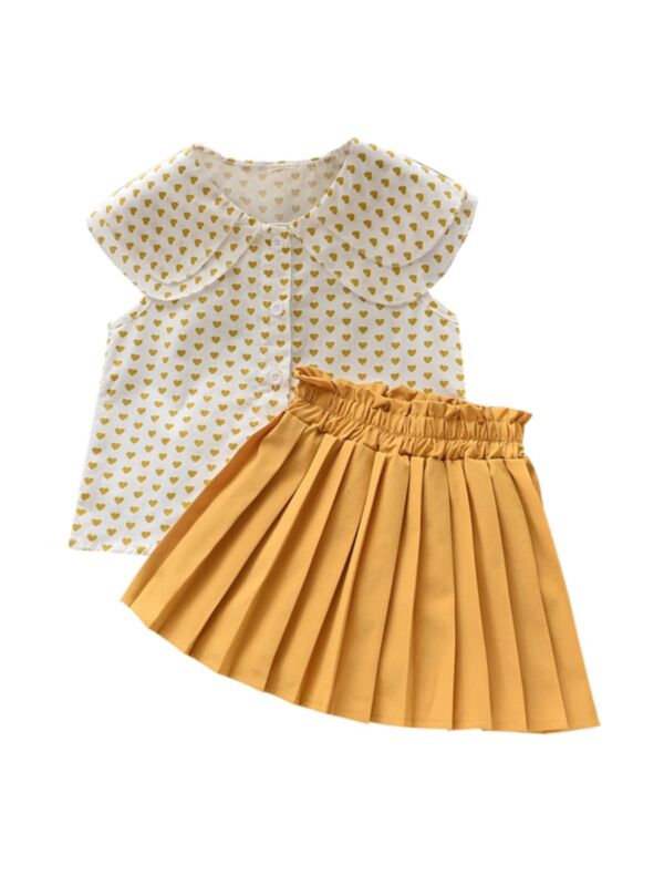 Two Pieces Kid Girl Love Heart Top And Pleated Skirt Set