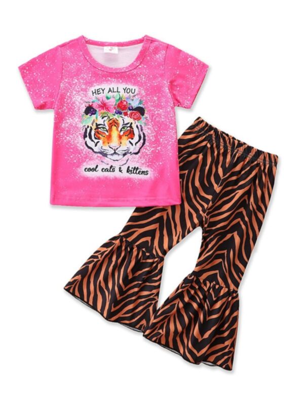Two Pieces Girls Sets Tiger Print Top With Flared Trousers 210515170