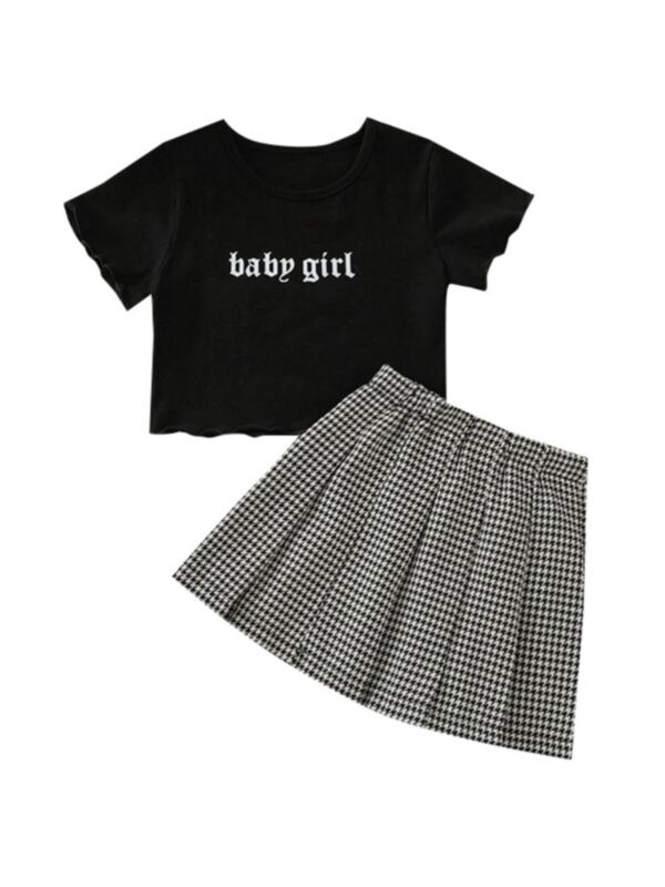 Two Pieces Kid Girl Letter Printed Top With Checked Pattern Skirt Set Black