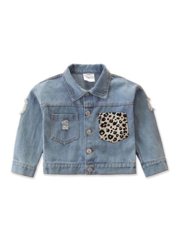 Leopard Pattern Pocket Kid Girl  Denim Jacket 210515368