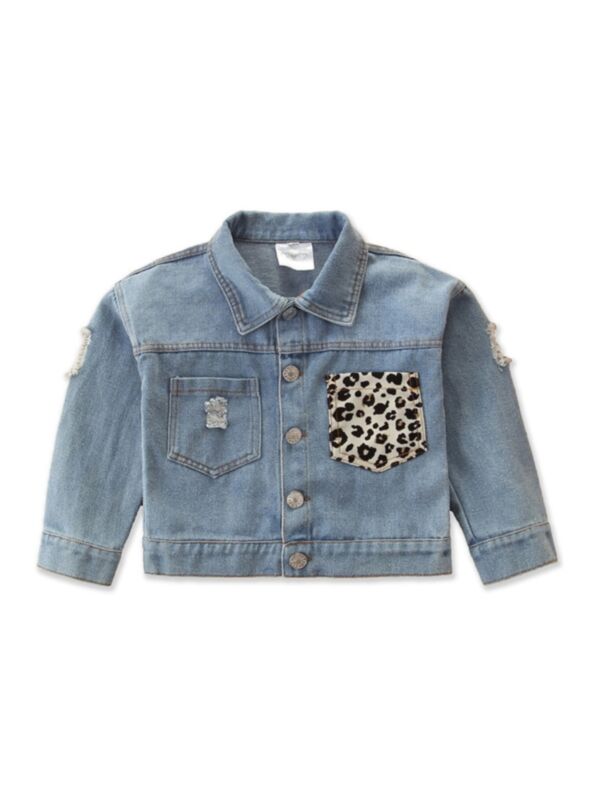 Leopard Pattern Pocket Kid Girl Denim Jacket 210515368