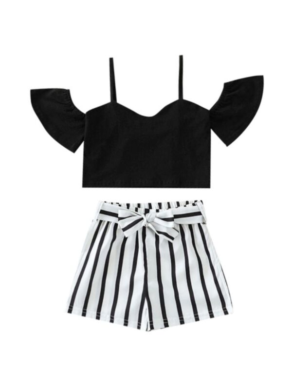 Two Pieces Kid Girl Off Shoulder Flared Sleeve Top With Striped Shorts Set Black