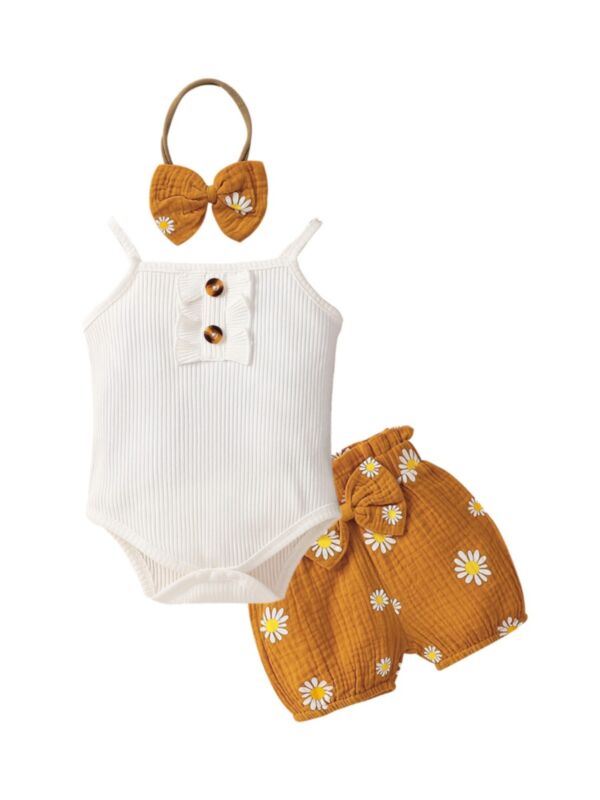 Three Pieces Baby Girls Sets Ribbed Cami Top Muslin Daisy Flower Shorts Headband 210515911