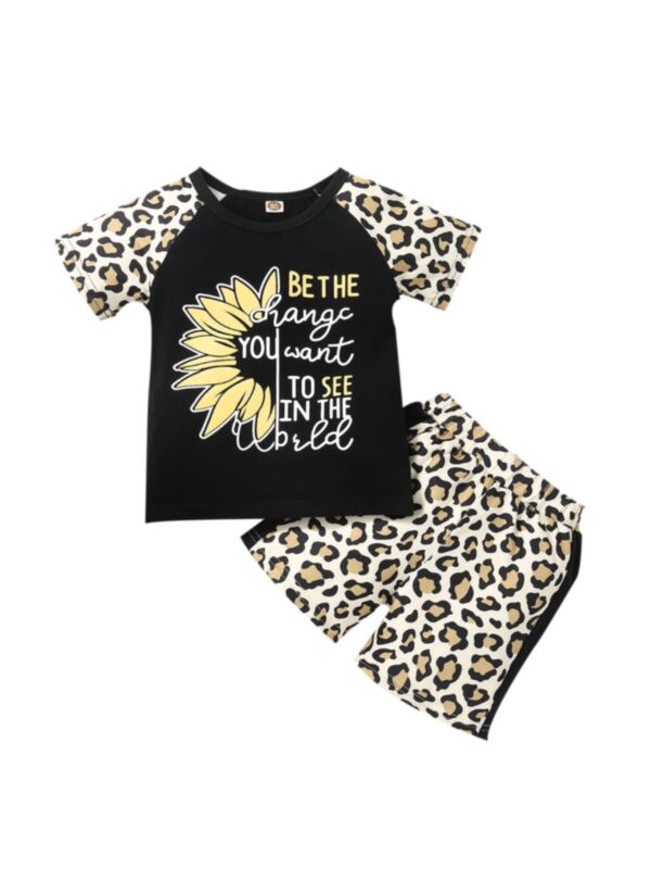Two Pieces Kid Girl Sunflower Letter Leopard Set Top And Shorts