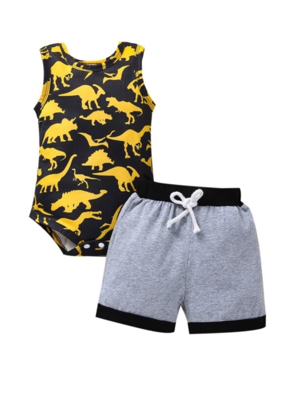 Two Pieces Baby Boy Dinosaur Print Tank Bodysuit And Shorts Set
