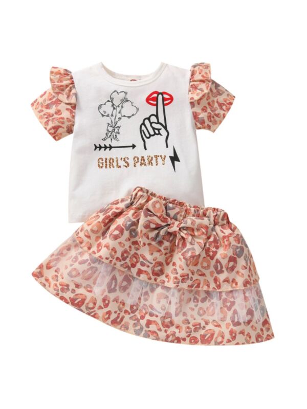 Two Pieces Girl's Party Leopard Set Top With Skirt