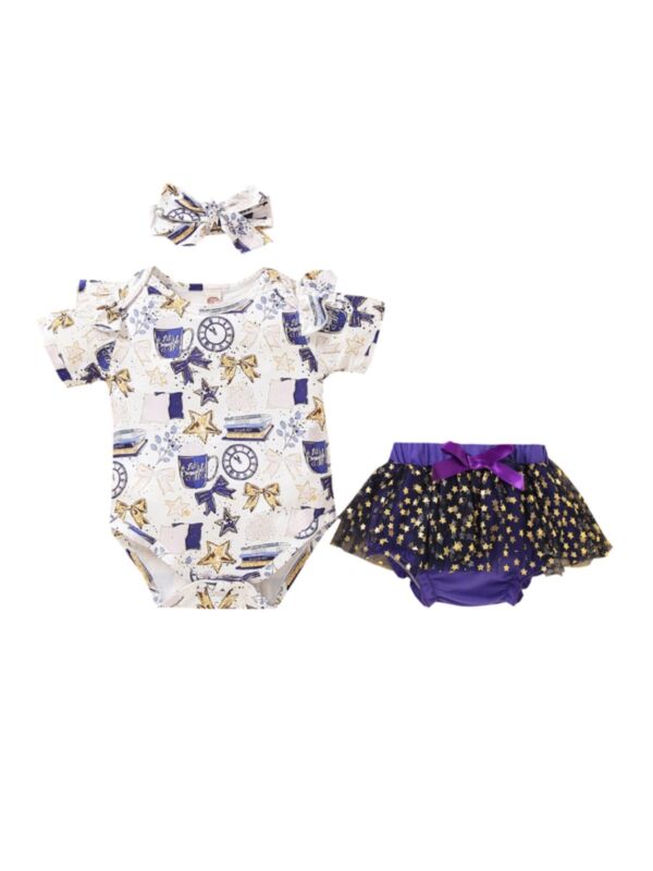 Three Pieces Infant Girl Print Bodysuit Mesh Bodysuit Headband Set