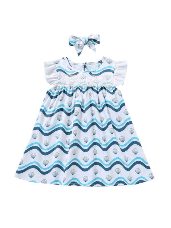 Two Pieces Baby Dresses Boutique Shell Print Lace Dress And Headband