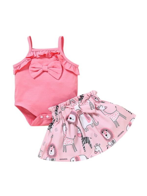 Two Pieces Infant Girl Ruffle Bow  Cami Bodysuit And Animal Print Skirt Set 