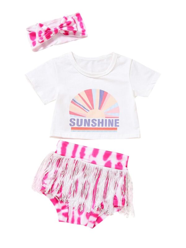 Two Pieces Baby Girl Sunshine Tie Dye Set Top Tassels Shorts Headband