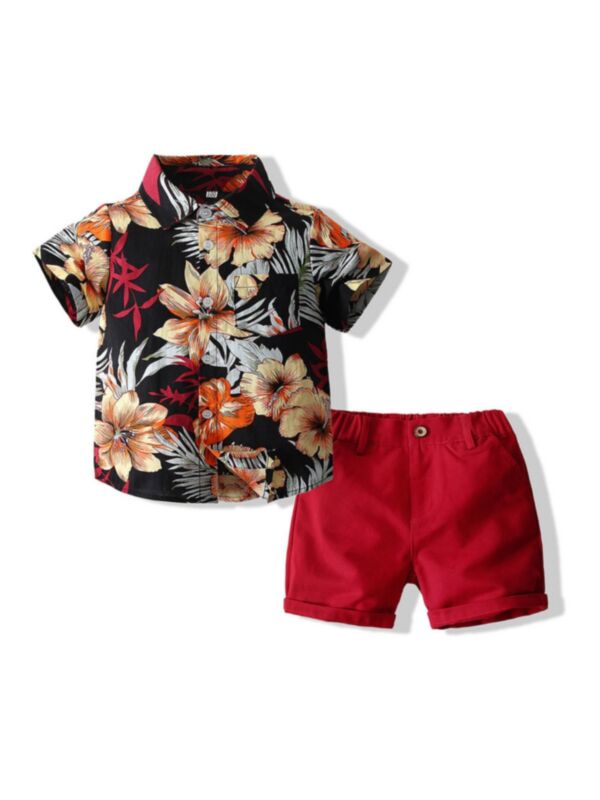 Two Piece Kid Boy Flower Print Shirt And Short Set Red