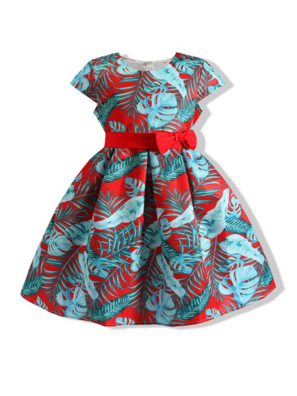 Kid Girl Flower Print Bow Belted Dress 210519486