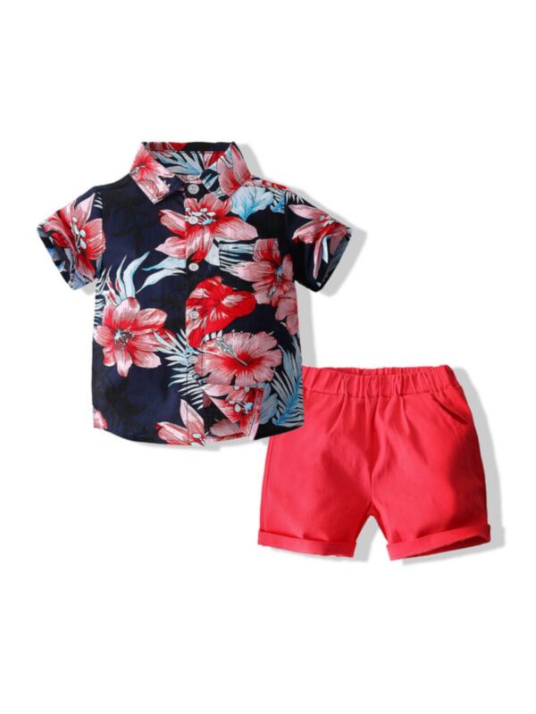 Two Piece Kid Boy Flower Print Shirt And Solid Color Short Set Red