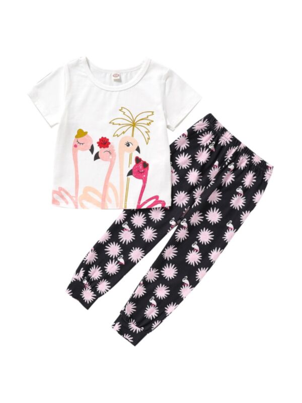 Two-piece Set Kid Girl Flamingo Print Top And Snowflake Print Trousers 