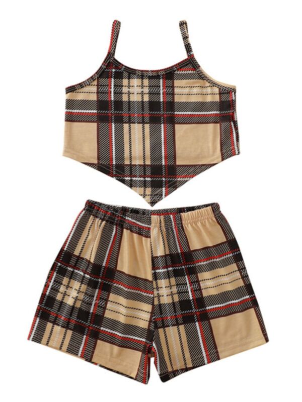 Two Pieces Checked Girls Sets Irregular Hem Cami Top And Shorts 210521082