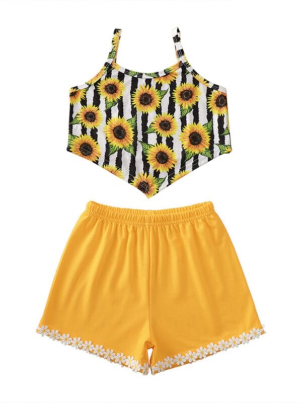 Two Pieces Sunflower Striped Girls Sets Irregular Hem Cami Top And Shorts 210521526