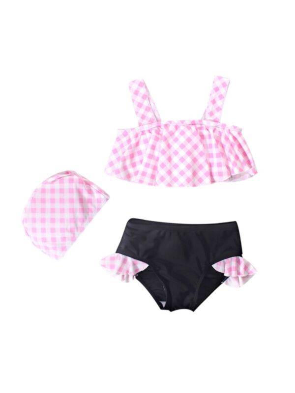 3 Pieces Girl Checked Pattern Swimsuit Set Top Shorts Hat Pink