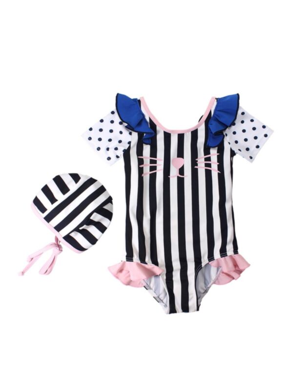 2 Pieces Girl Cartoon Cat Swimsuit With Hat 210522171