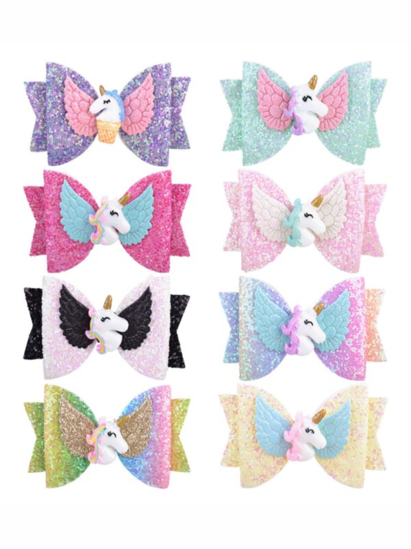8 Pack Unicorn Bow Sequins Hair Clips