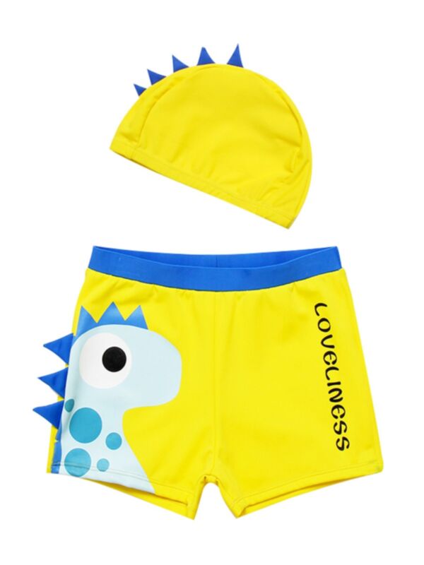 Toddler Boy Dinosaur Letter Print Swimming Trunk And Hat  Yellow