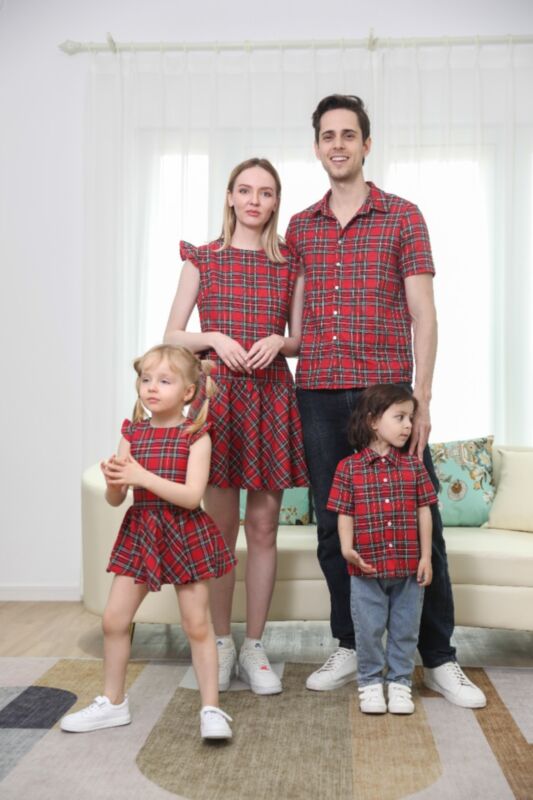 Family Matching Checked Shirt And Dress Red