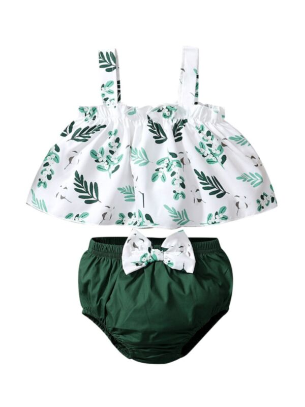 Two Pieces Baby Girl Leaves Print Cami Top With Bow Shorts Set
