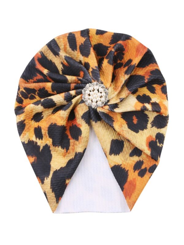 Floral Leopard Print  Rhinestone Pearl Decor Baby Girl Turban Hat 210527005