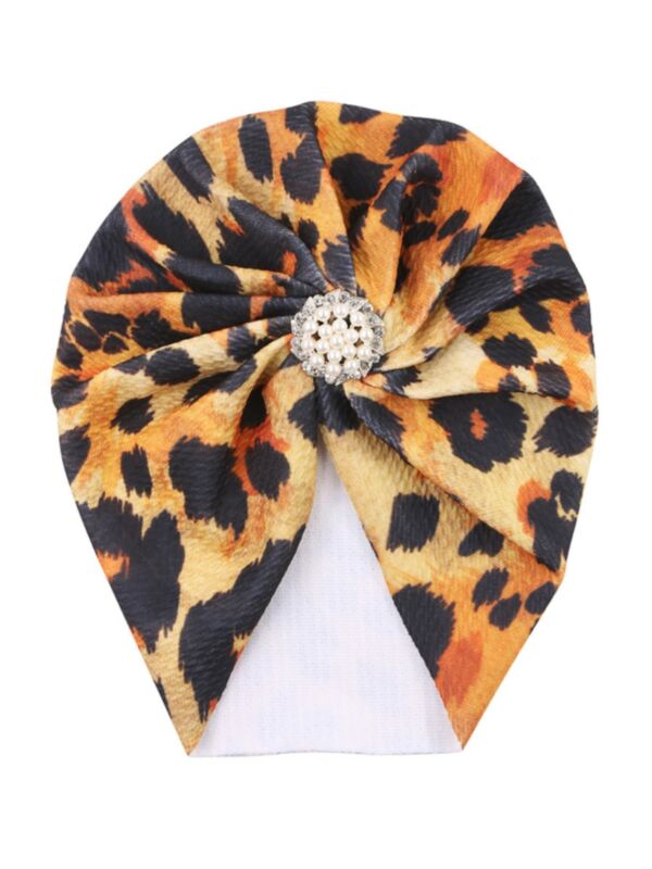 Floral Leopard Print Rhinestone Pearl Decor Baby Girl Turban Hat 210527005