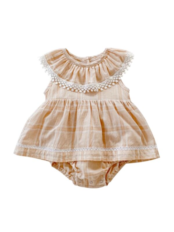 Baby Girl Checked Ruffle Collar Tank Dress Kahki