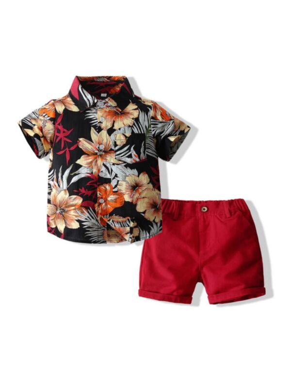 Two Pieces Kid Boy Flower Printed Shirt With Shorts 210527261