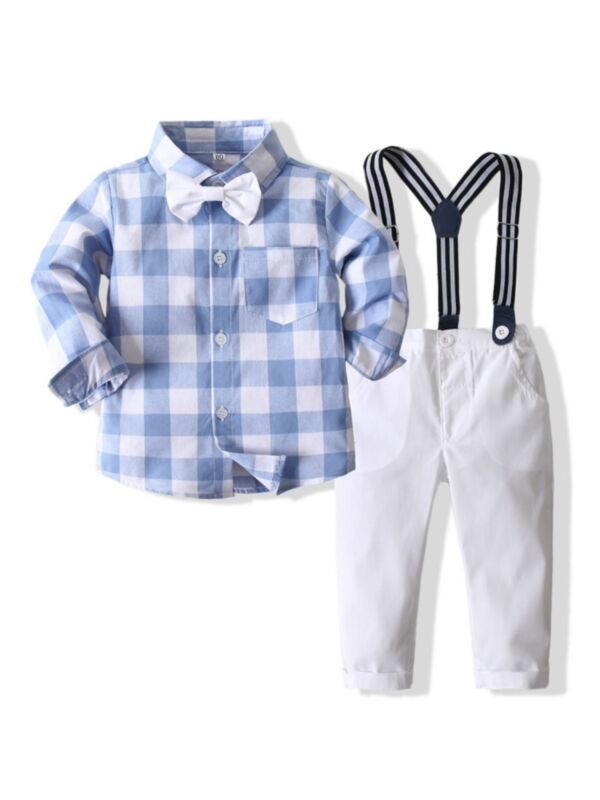 Checked Bowtie Shirt Outfits Sets Wholesale Boy Clothes 210527267