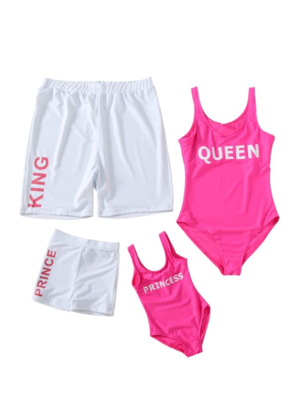 Family Matching Swimwear King Queen Prince Princess Print  White